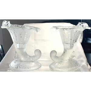 Fenton San Toy Crystal Pair Cornucopias Candle Holders Frosted Etching VTG